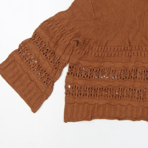 MNG Women Brown M Open Knit 3/4 Bell Sleeve Pullover Jumper