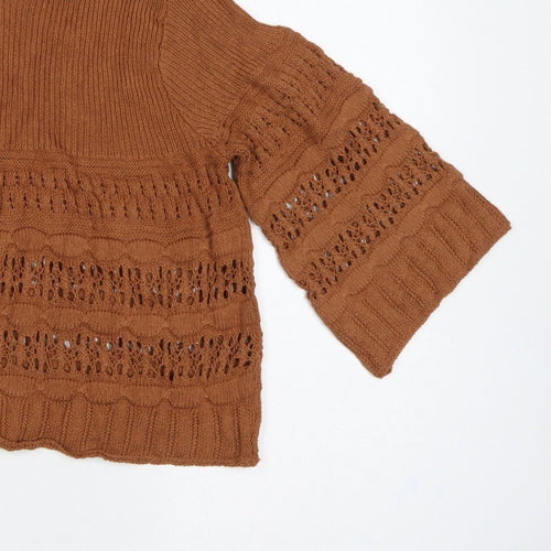 MNG Women Brown M Open Knit 3/4 Bell Sleeve Pullover Jumper