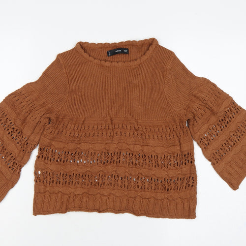 MNG Women Brown M Open Knit 3/4 Bell Sleeve Pullover Jumper