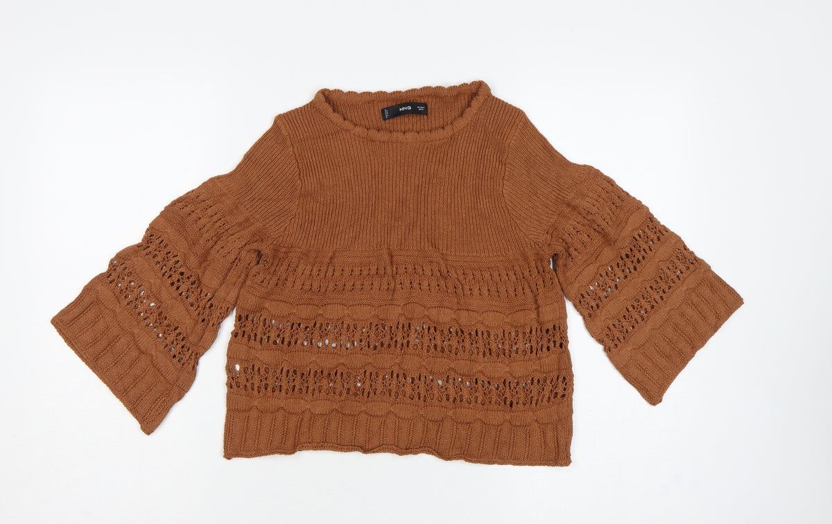 MNG Women Brown M Open Knit 3/4 Bell Sleeve Pullover Jumper
