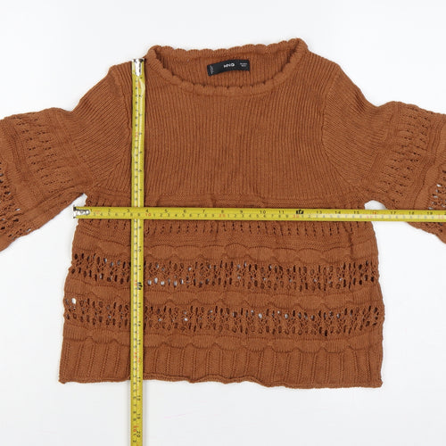 MNG Women Brown M Open Knit 3/4 Bell Sleeve Pullover Jumper