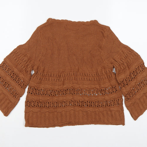 MNG Women Brown M Open Knit 3/4 Bell Sleeve Pullover Jumper