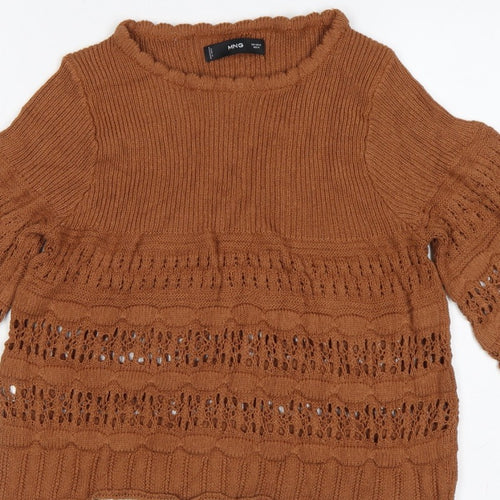 MNG Women Brown M Open Knit 3/4 Bell Sleeve Pullover Jumper