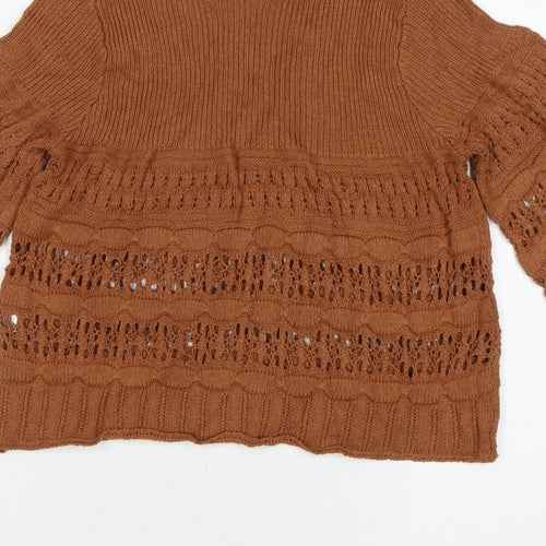 MNG Women Brown M Open Knit 3/4 Bell Sleeve Pullover Jumper