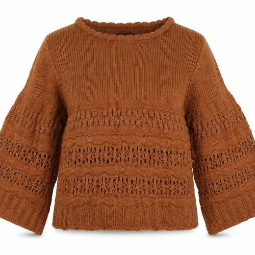 MNG Women Brown M Open Knit 3/4 Bell Sleeve Pullover Jumper