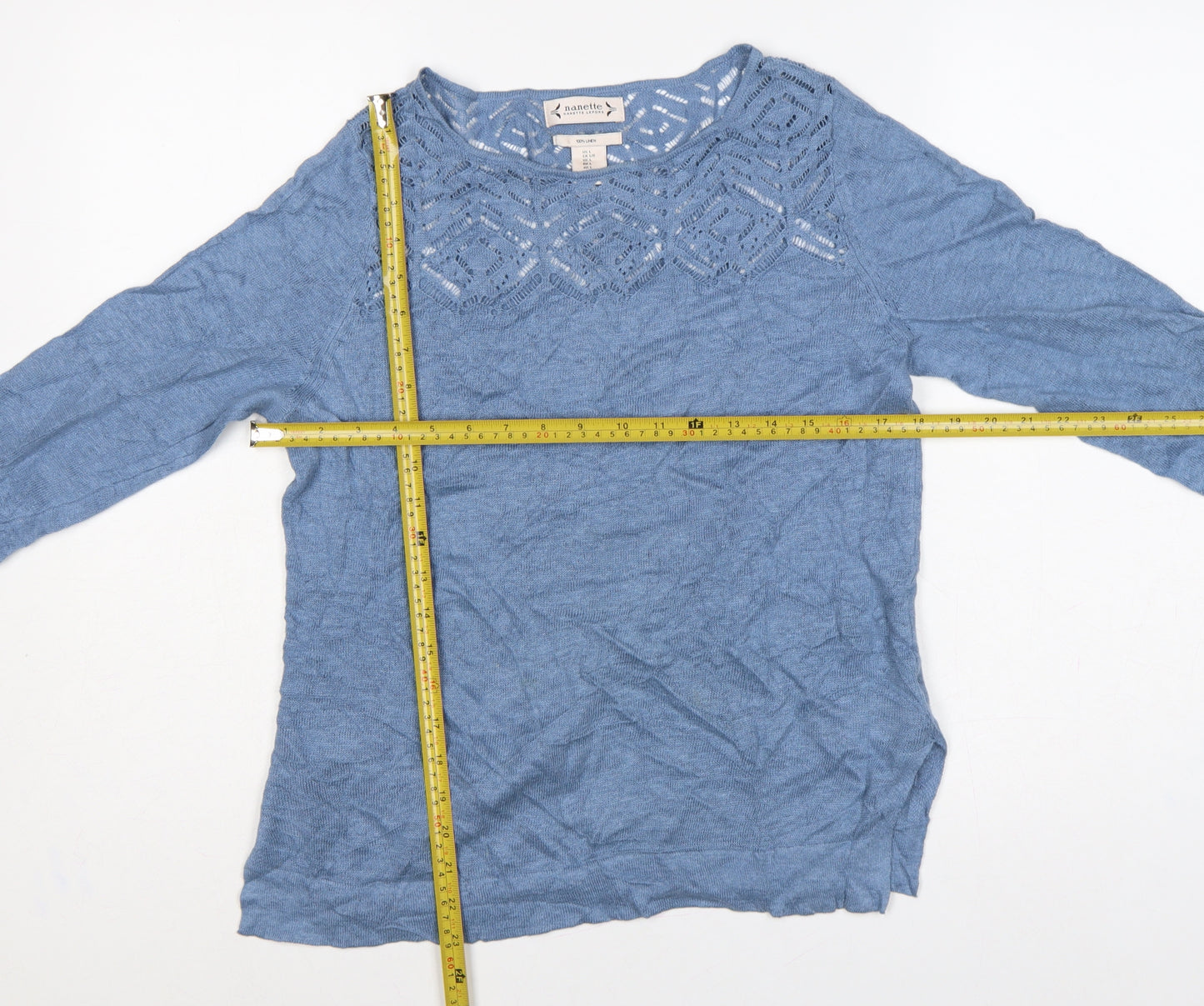 Nanette Lepore Women’s Blue Linen L Open-Knit Round Neck Jumper