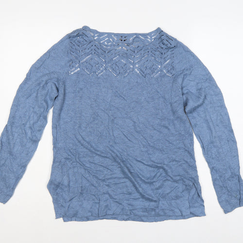 Nanette Lepore Women’s Blue Linen L Open-Knit Round Neck Jumper