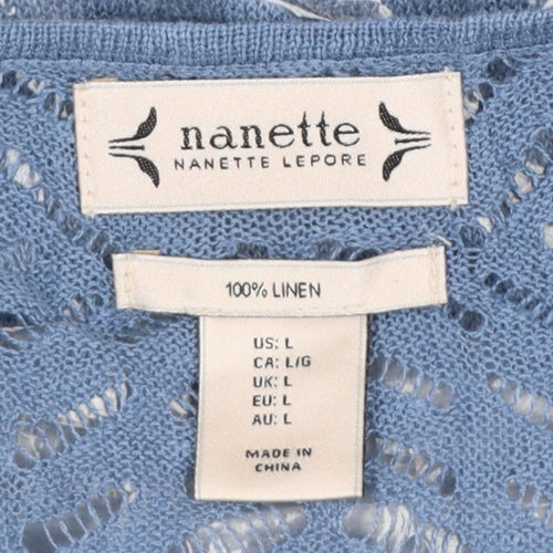 Nanette Lepore Women’s Blue Linen L Open-Knit Round Neck Jumper