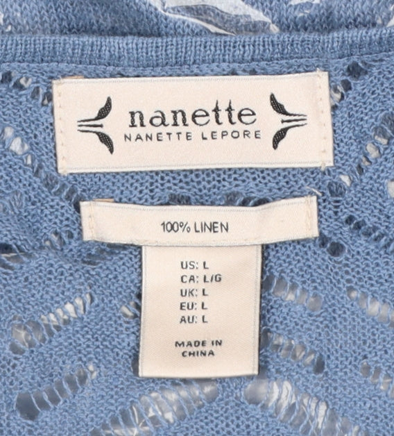 Nanette Lepore Women’s Blue Linen L Open-Knit Round Neck Jumper