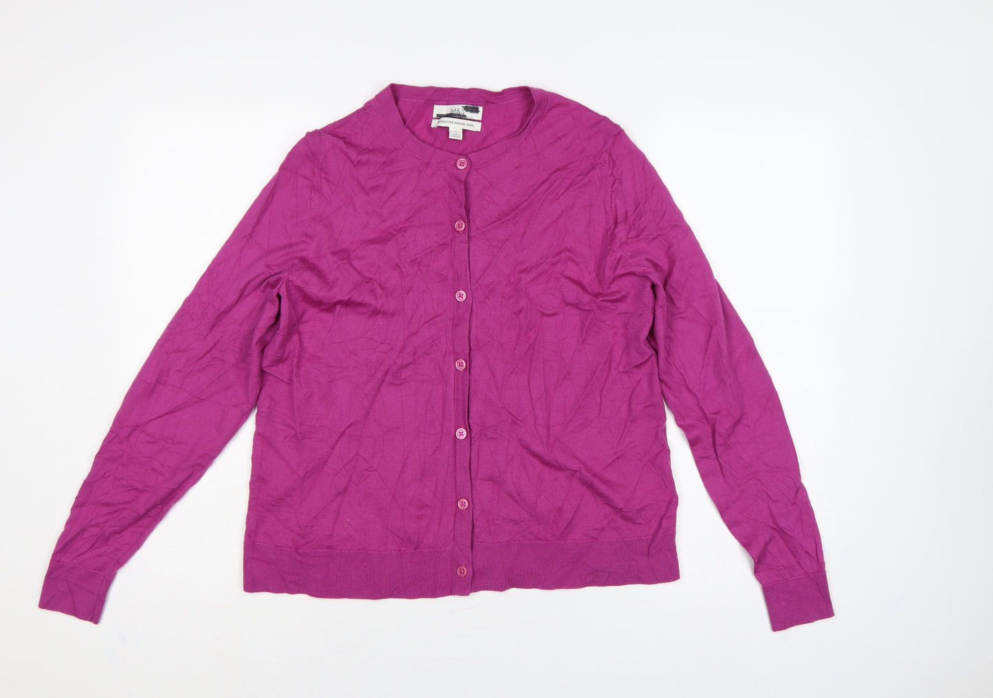 Marks and Spencer Women Pink Merino Wool Size 14 Round Neck Cardigan