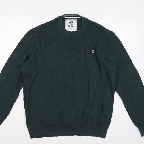 TOG24 Mens Green L Cable Knit Cotton Crew Neck Pullover Jumper