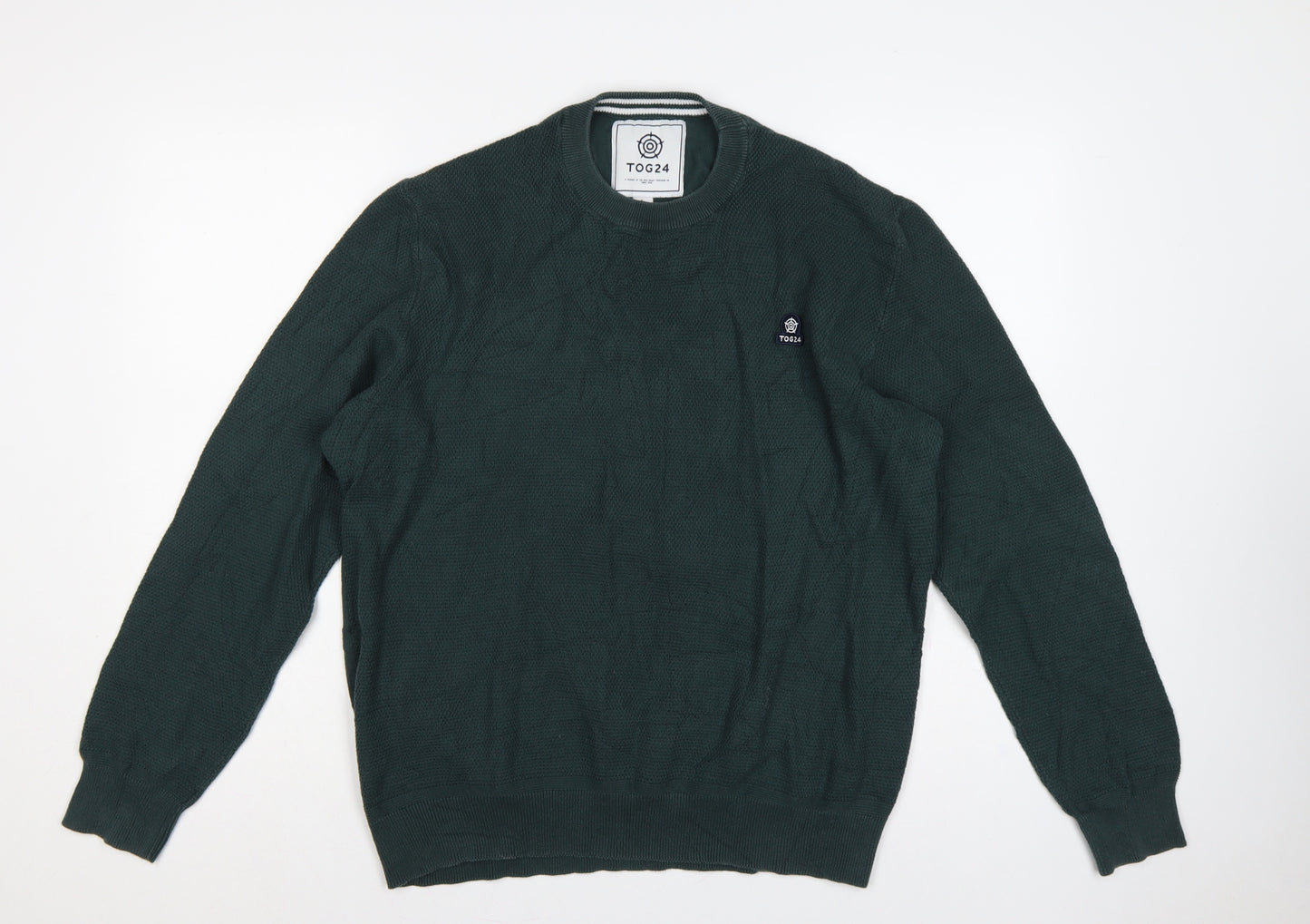 TOG24 Mens Green L Cable Knit Cotton Crew Neck Pullover Jumper