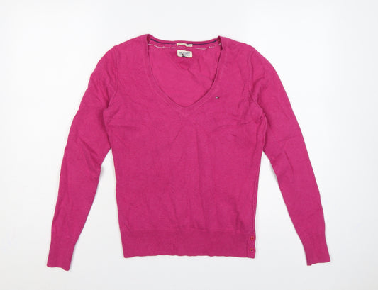 Hilfiger Denim Men’s Pink XS V-Neck Fine Knit Logo Pullover Jumper