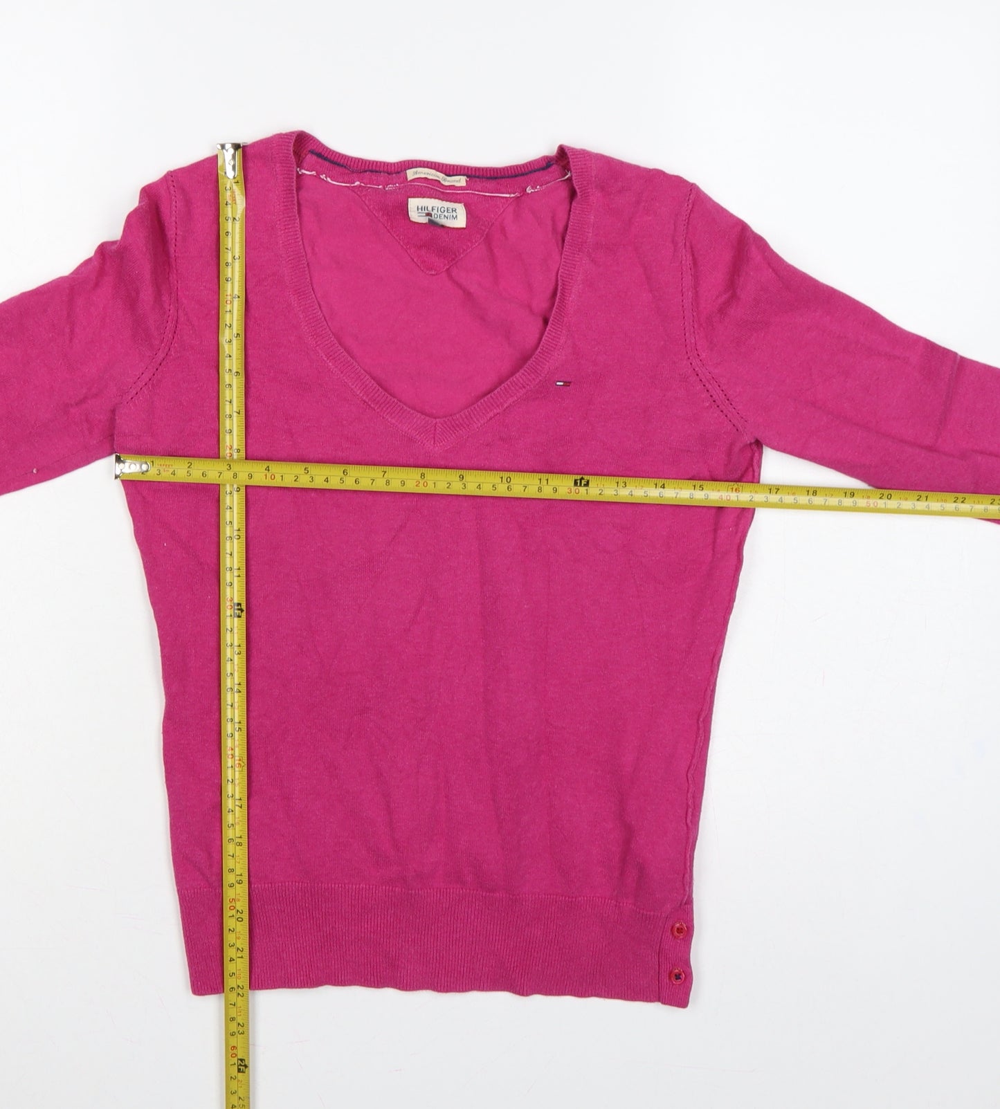 Hilfiger Denim Men’s Pink XS V-Neck Fine Knit Logo Pullover Jumper