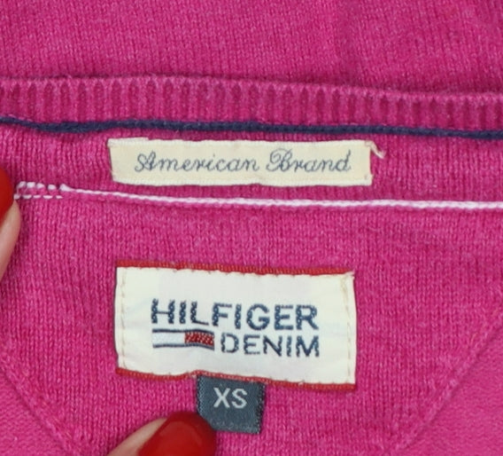 Hilfiger Denim Men’s Pink XS V-Neck Fine Knit Logo Pullover Jumper