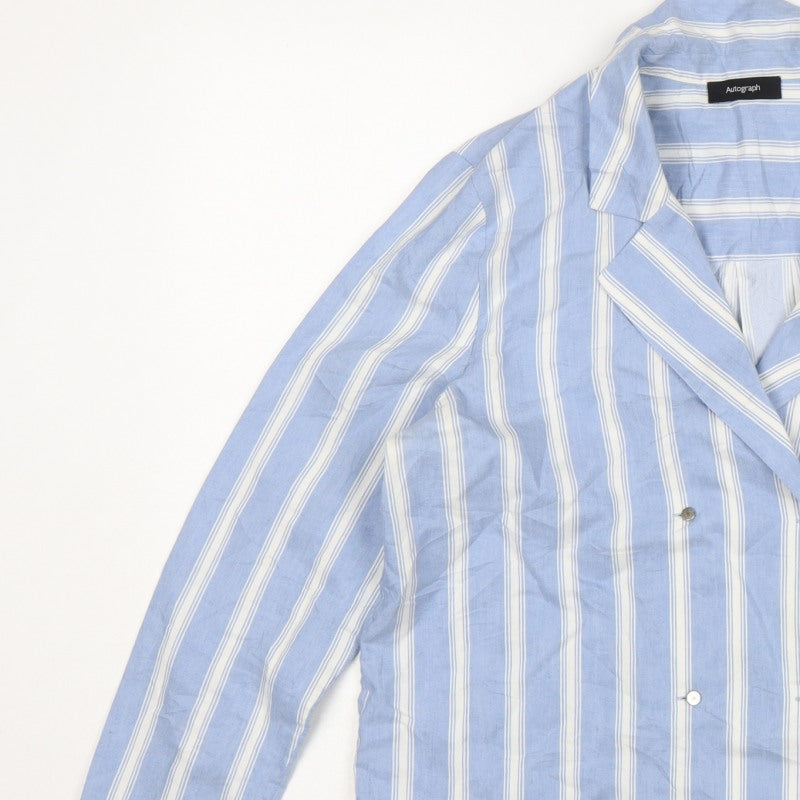 Autograph Women Blue White Stripe UK 14 Collared Long Sleeve Button-Up Shirt