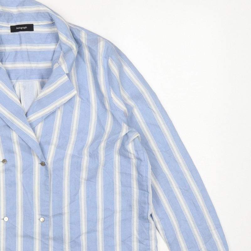 Autograph Women Blue White Stripe UK 14 Collared Long Sleeve Button-Up Shirt