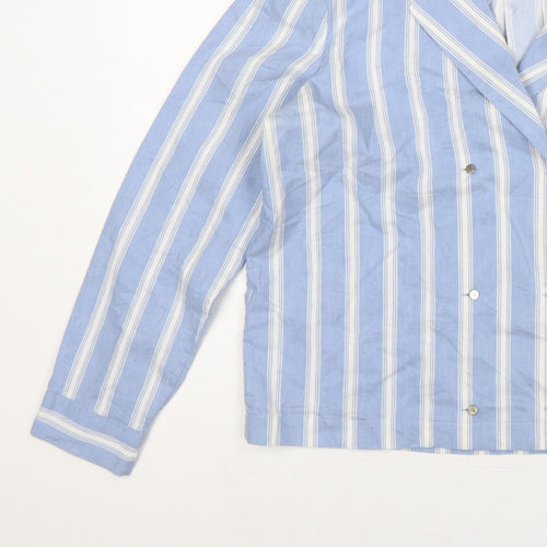 Autograph Women Blue White Stripe UK 14 Collared Long Sleeve Button-Up Shirt