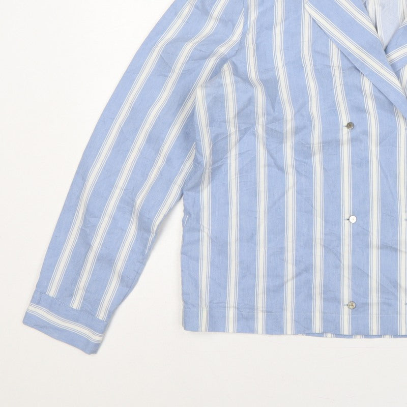 Autograph Women Blue White Stripe UK 14 Collared Long Sleeve Button-Up Shirt