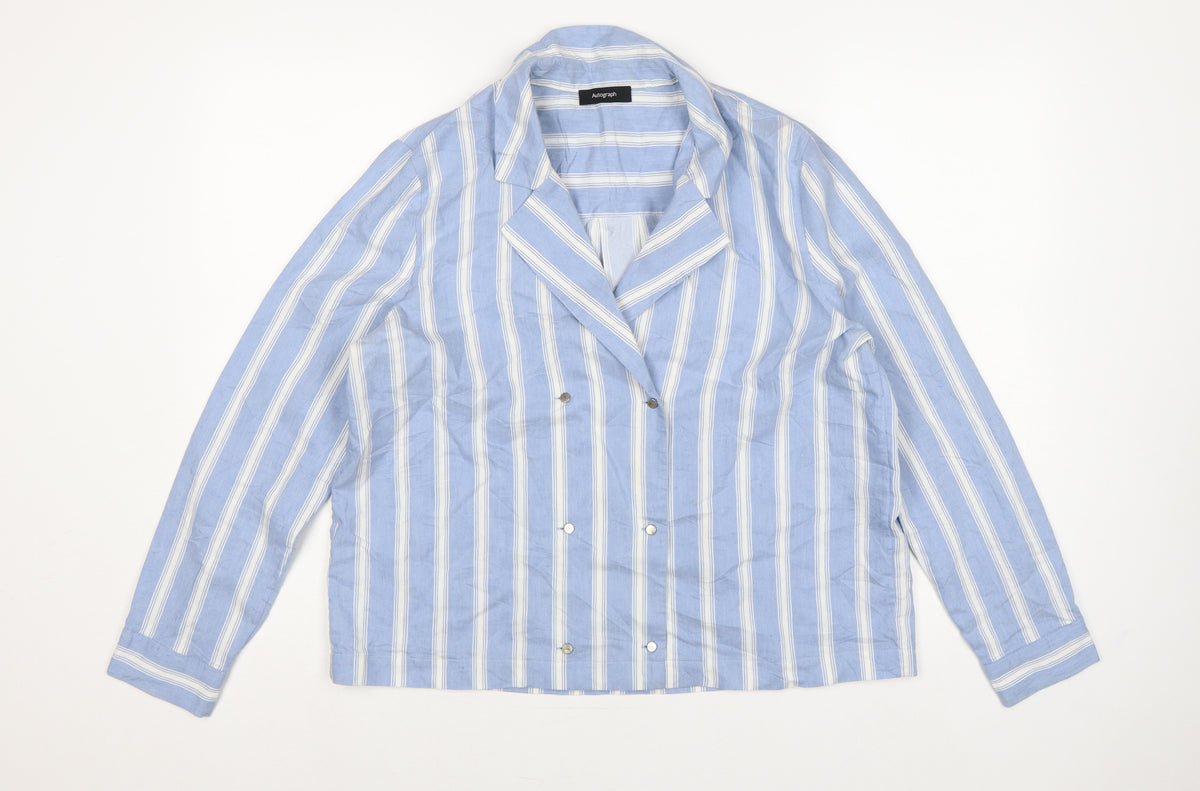 Autograph Women Blue White Stripe UK 14 Collared Long Sleeve Button-Up Shirt