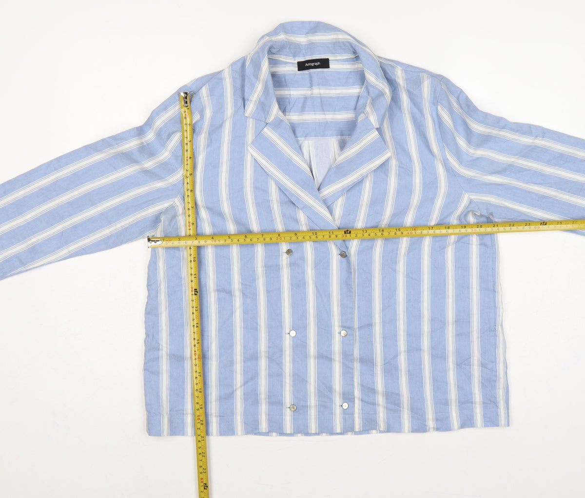 Autograph Women Blue White Stripe UK 14 Collared Long Sleeve Button-Up Shirt