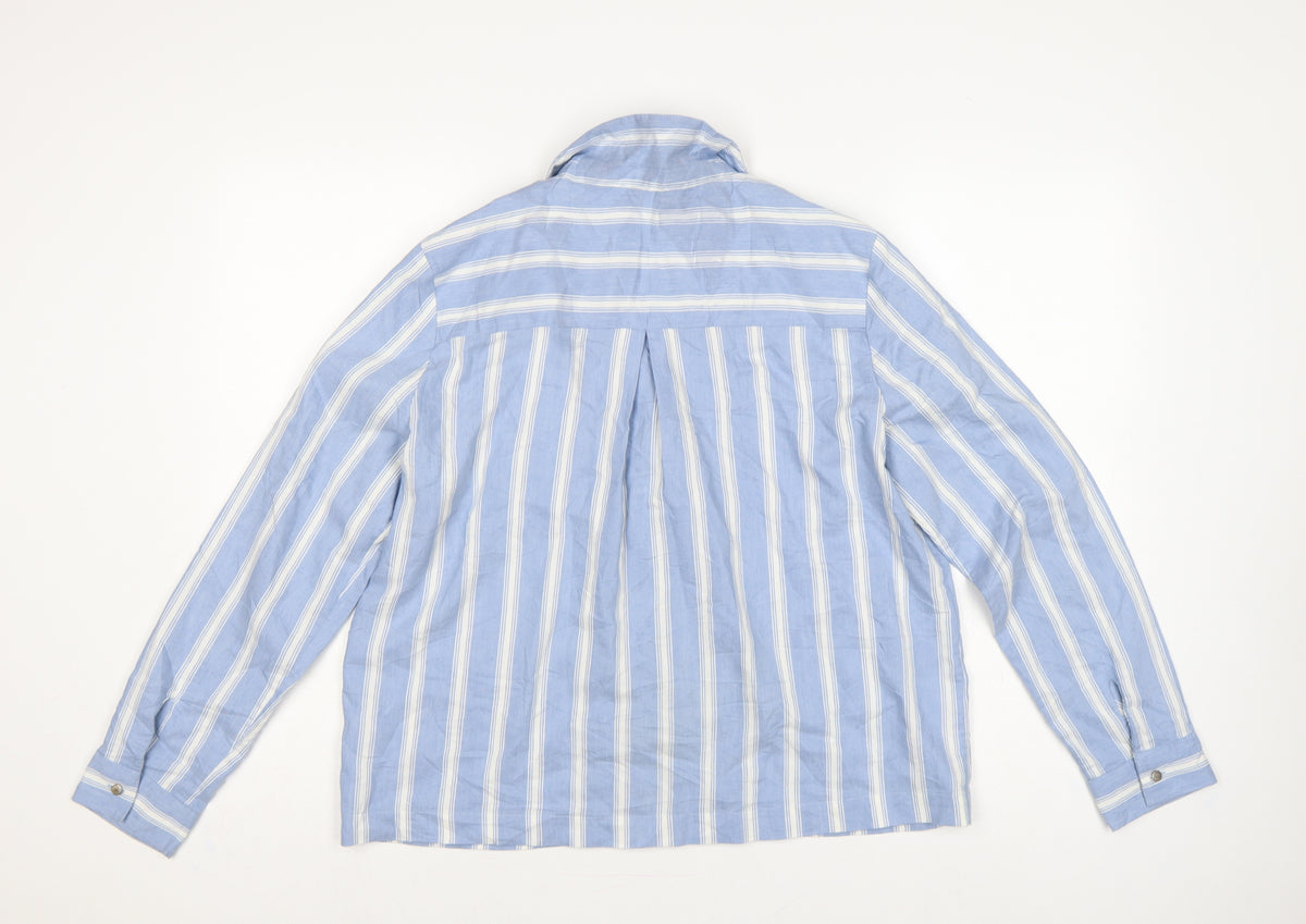 Autograph Women Blue White Stripe UK 14 Collared Long Sleeve Button-Up Shirt