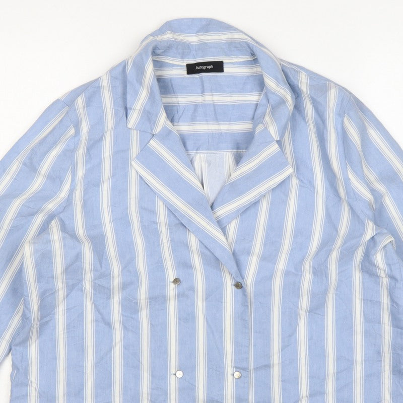 Autograph Women Blue White Stripe UK 14 Collared Long Sleeve Button-Up Shirt