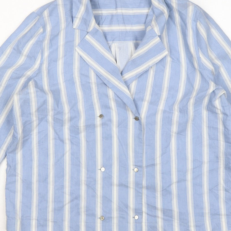Autograph Women Blue White Stripe UK 14 Collared Long Sleeve Button-Up Shirt