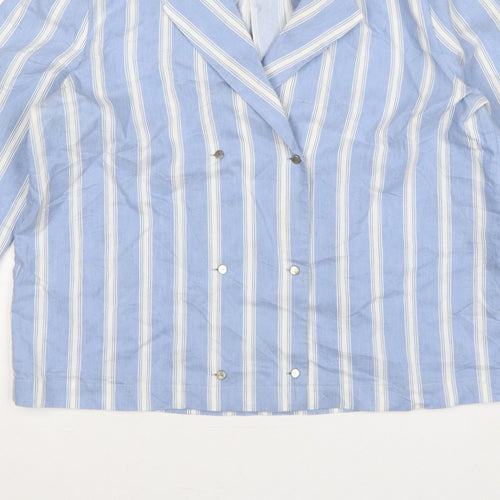 Autograph Women Blue White Stripe UK 14 Collared Long Sleeve Button-Up Shirt