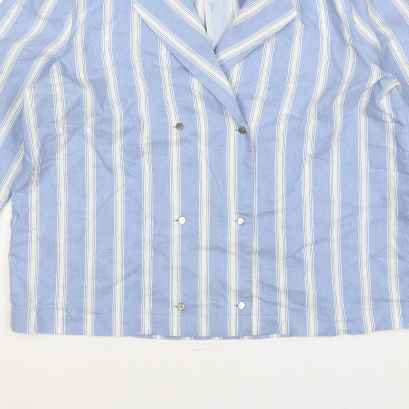 Autograph Women Blue White Stripe UK 14 Collared Long Sleeve Button-Up Shirt