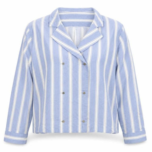 Autograph Women Blue White Stripe UK 14 Collared Long Sleeve Button-Up Shirt