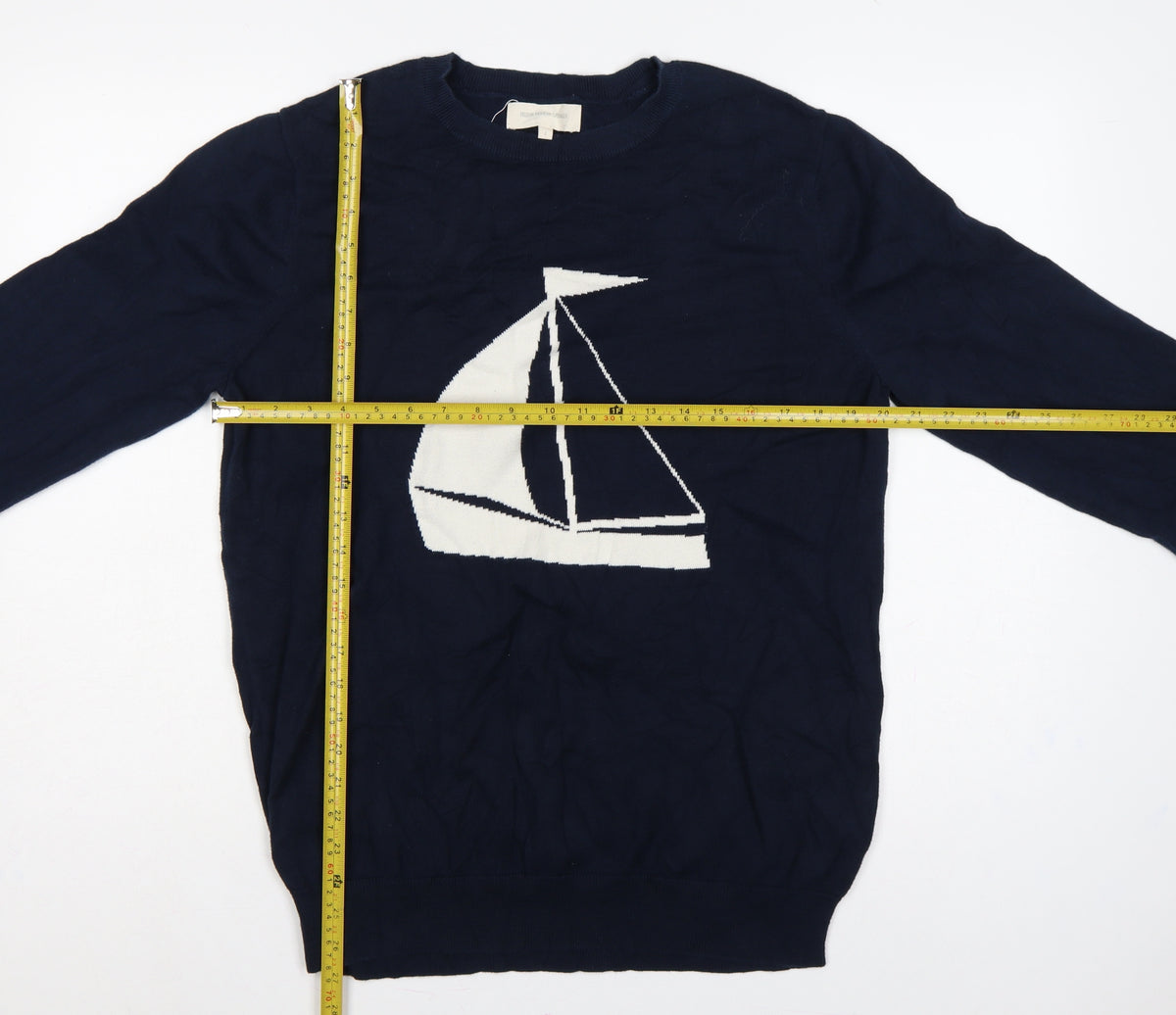 Close-up detail of Frederik Andersson Copenhagen Men’s Navy L Sailboat Knit Jumper