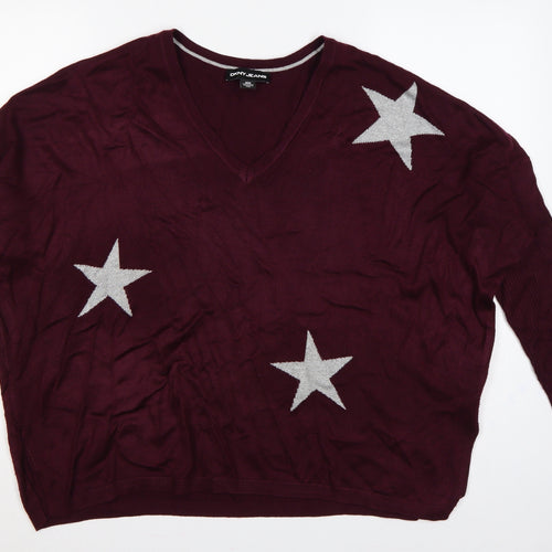 DKNY Jeans Women Red M V-Neck 3/4 Sleeve Silver Star Knit Jumper