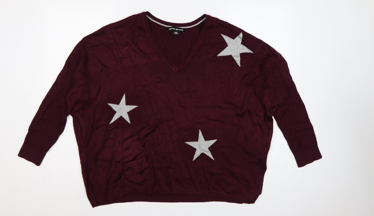 DKNY Jeans Women Red M V-Neck 3/4 Sleeve Silver Star Knit Jumper