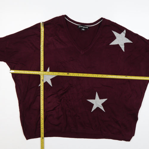 DKNY Jeans Women Red M V-Neck 3/4 Sleeve Silver Star Knit Jumper