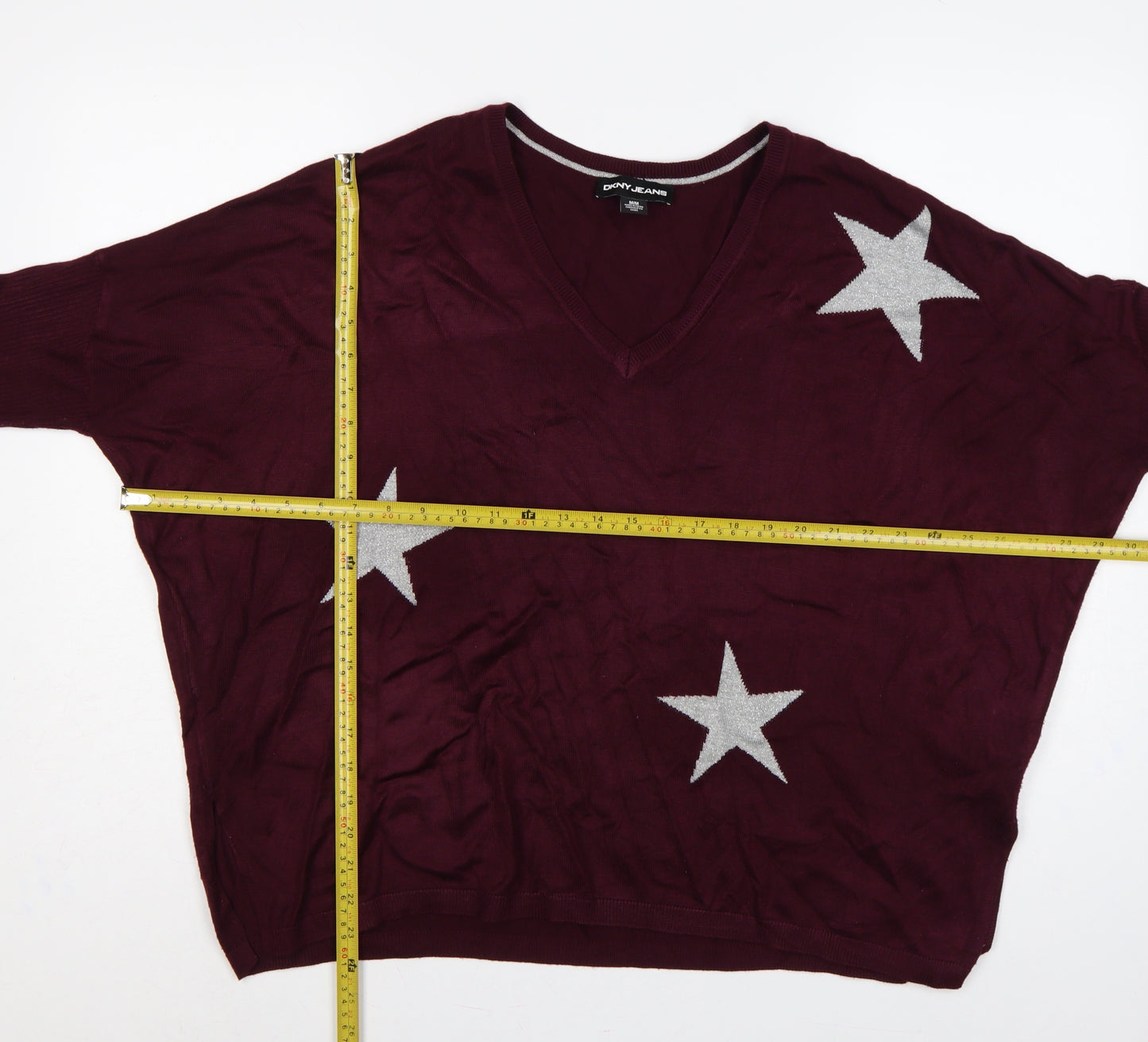DKNY Jeans Women Red M V-Neck 3/4 Sleeve Silver Star Knit Jumper