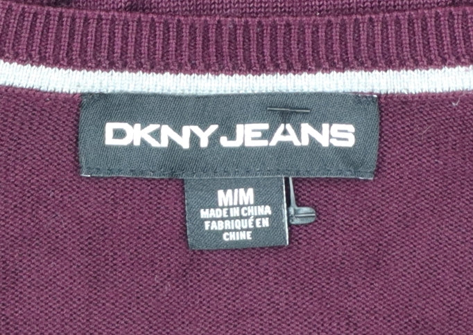 DKNY Jeans Women Red M V-Neck 3/4 Sleeve Silver Star Knit Jumper