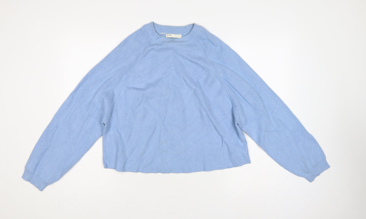 Pull&Bear Women Blue M Balloon Sleeve Crew Neck Knit Jumper