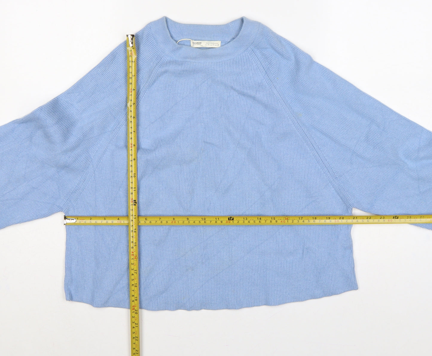 Pull&Bear Women Blue M Balloon Sleeve Crew Neck Knit Jumper