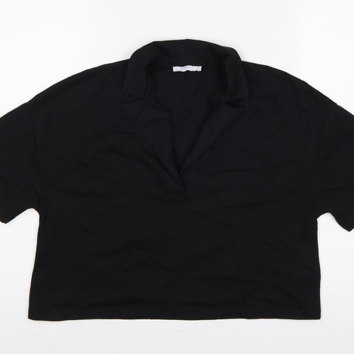 Zara Women Black UK 8 Cotton Collared Short Sleeve Polo Top