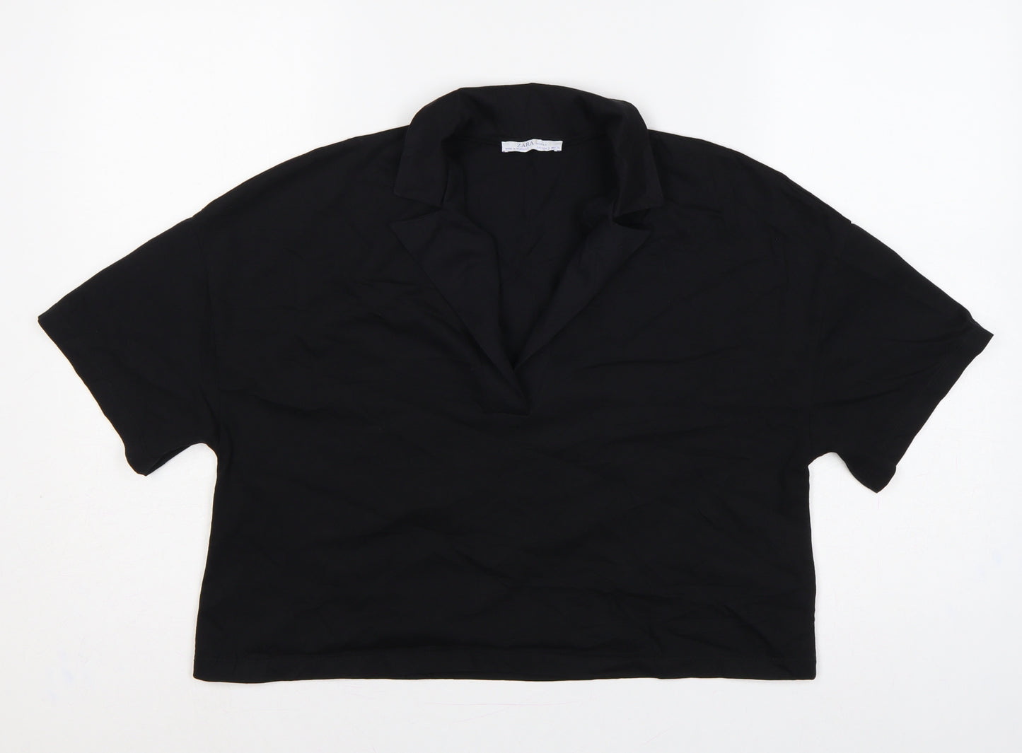 Zara Women Black UK 8 Cotton Collared Short Sleeve Polo Top