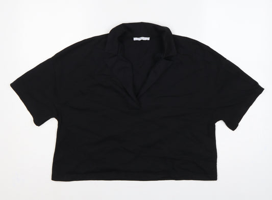 Zara Women Black UK 8 Cotton Collared Short Sleeve Polo Top