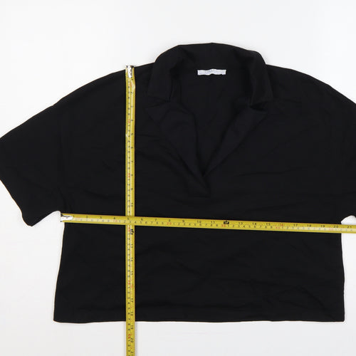 Zara Women Black UK 8 Cotton Collared Short Sleeve Polo Top