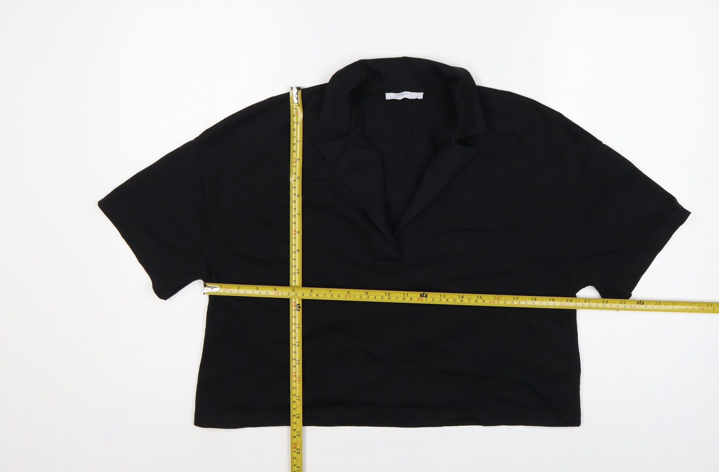 Zara Women Black UK 8 Cotton Collared Short Sleeve Polo Top