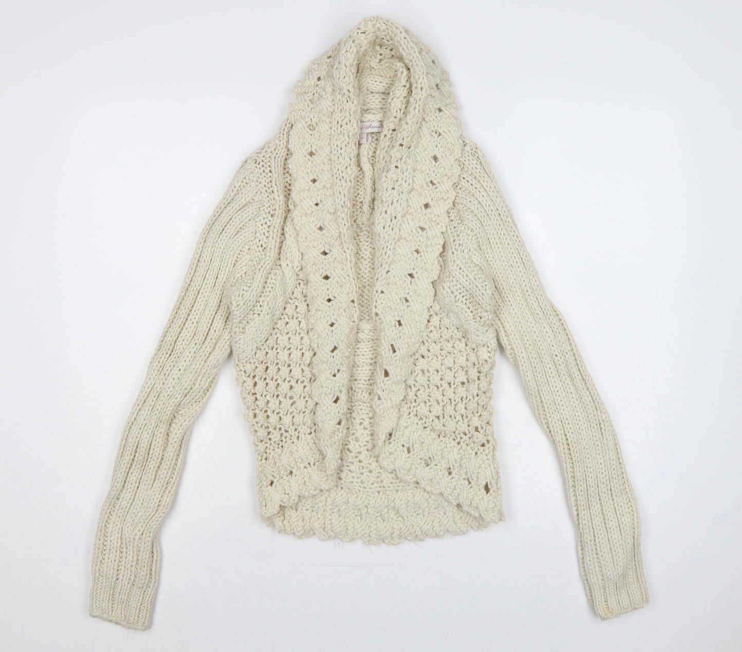 Allie & Anna Women Ivory M Hooded Cable Knit Open Cardigan