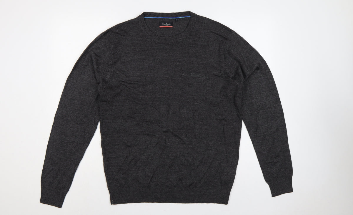 Pierre Cardin Mens Grey L Crew Neck Logo Knit Pullover Jumper