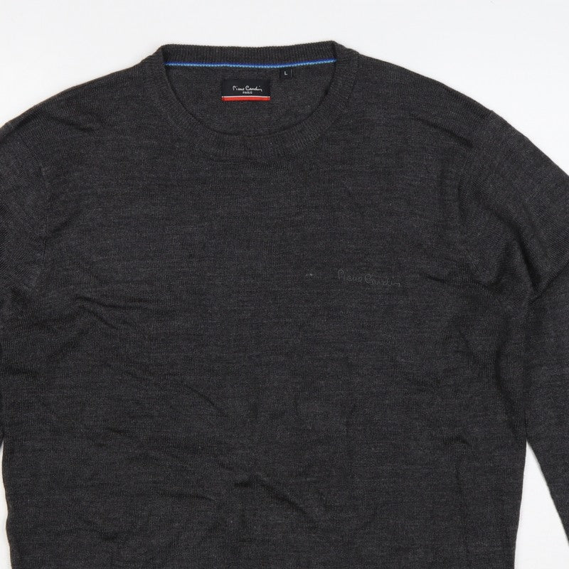 Pierre Cardin Mens Grey L Crew Neck Logo Knit Pullover Jumper