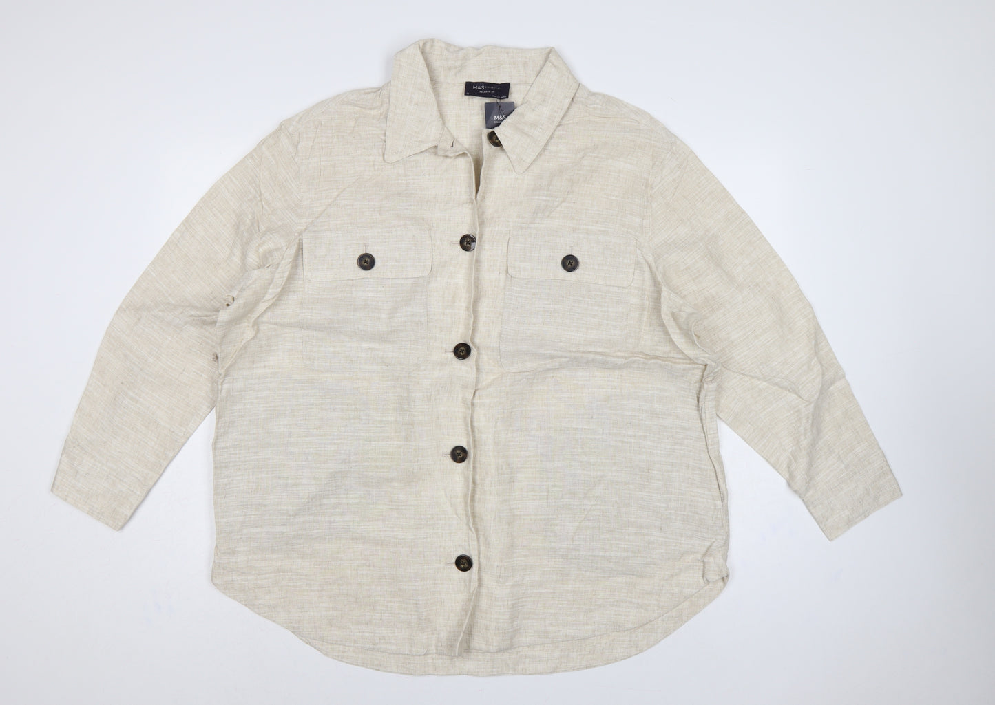 Marks & Spencer Women Beige UK 20 Relaxed Linen Button-Up Shirt