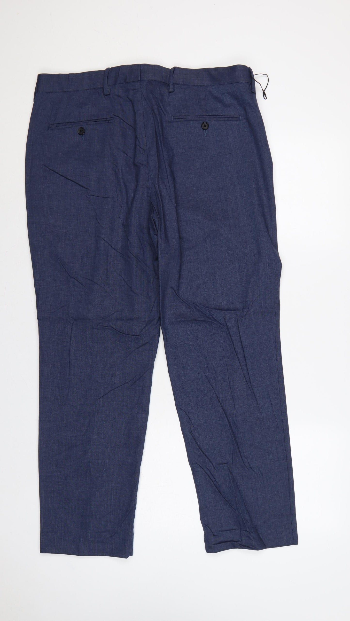 M&S Mens Blue 36in Regular Fit Wool Blend Dress Trousers 29in Short
