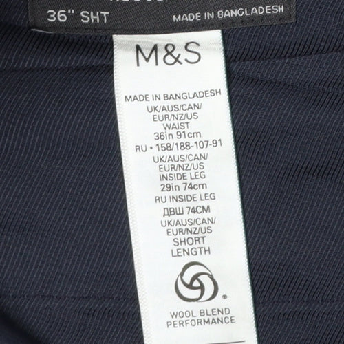 M&S Mens Blue 36in Regular Fit Wool Blend Dress Trousers 29in Short